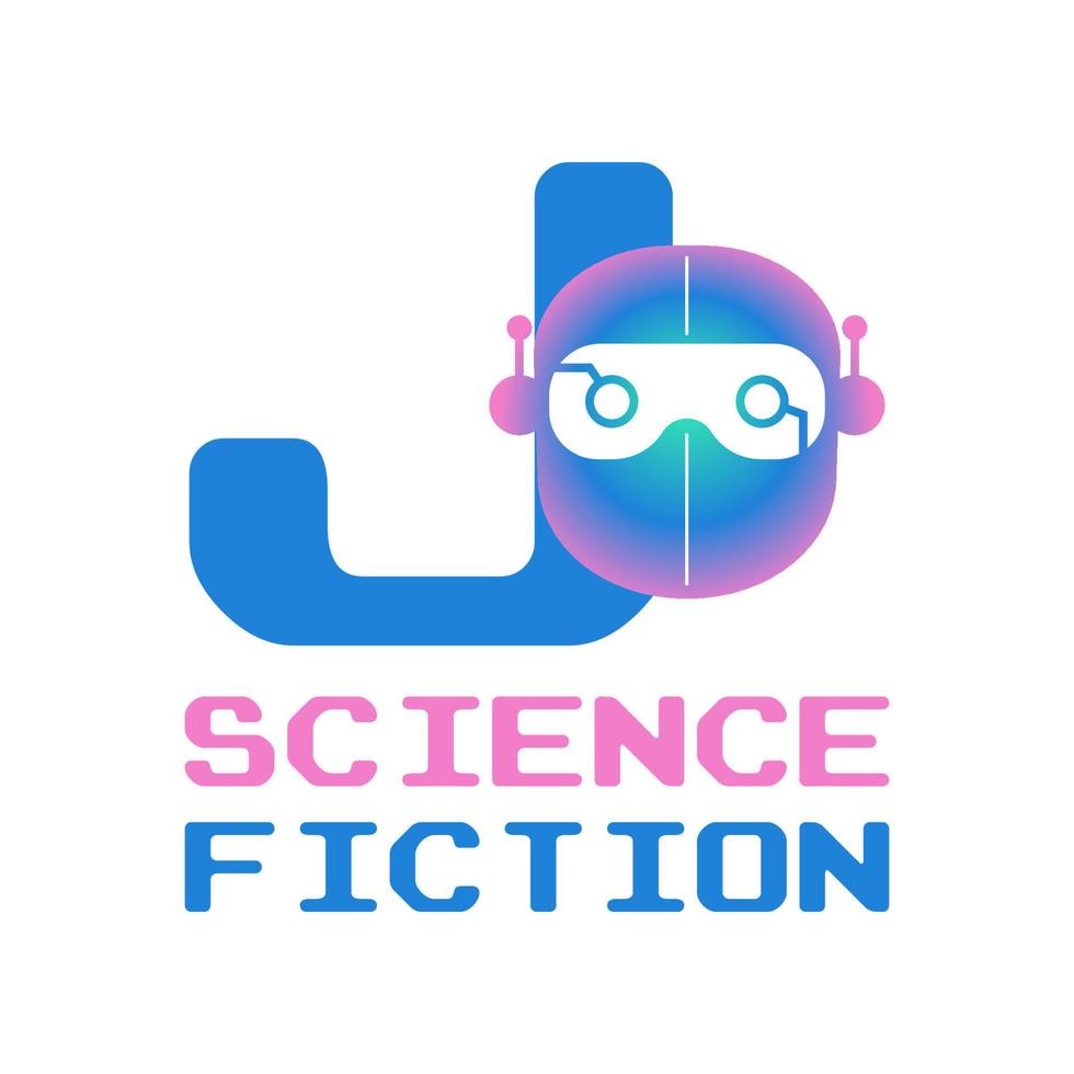 letter J futuristic robot head digital vector logo design