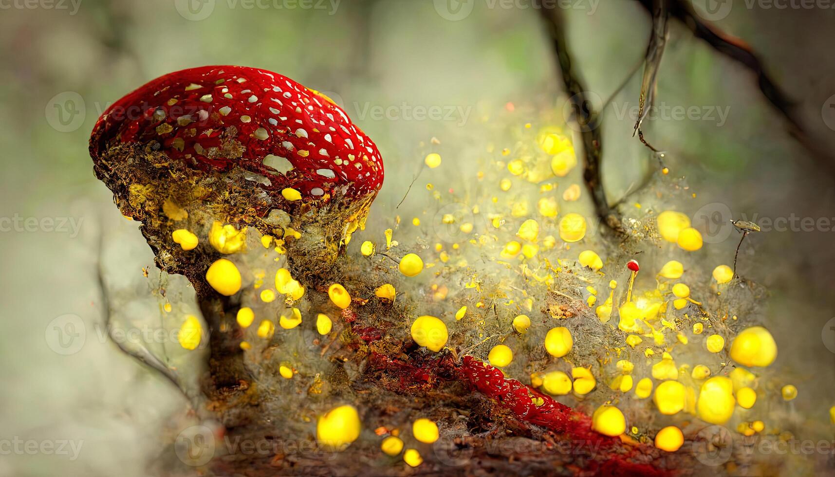 Exceptional Amanita muscaria glowing red top mushroom releasing spores yellow forest. photo