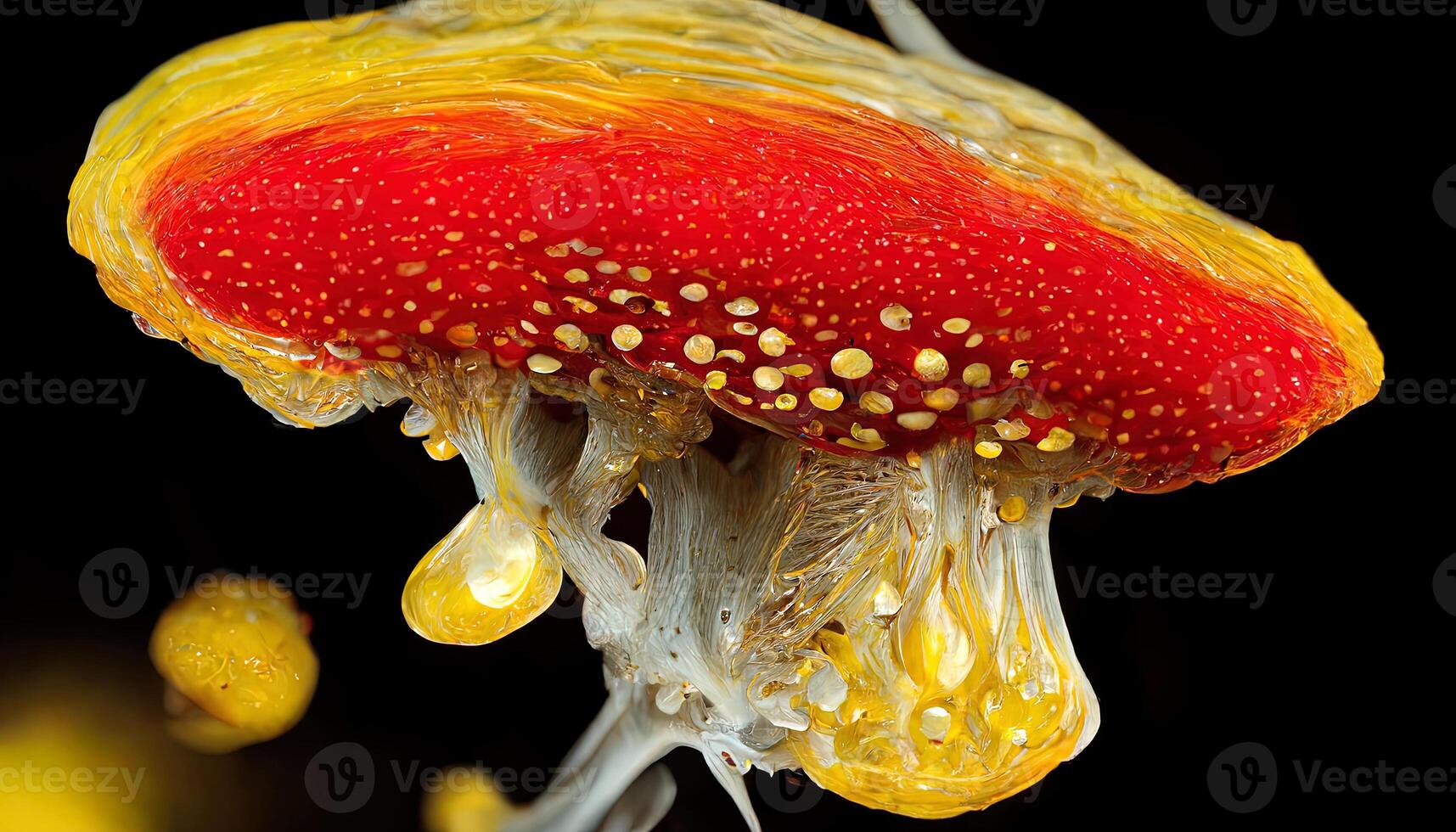 Amanita muscaria glowing red top mushroom releasing spores yellow forest. photo
