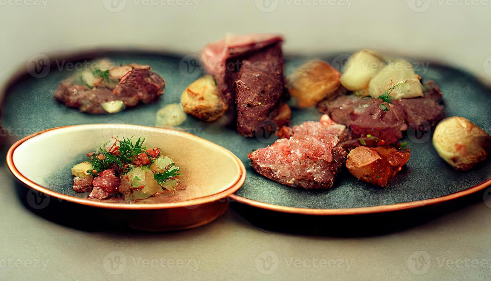 a table topped with plates of food and bowls filled with different types of vegetables and meats. photo