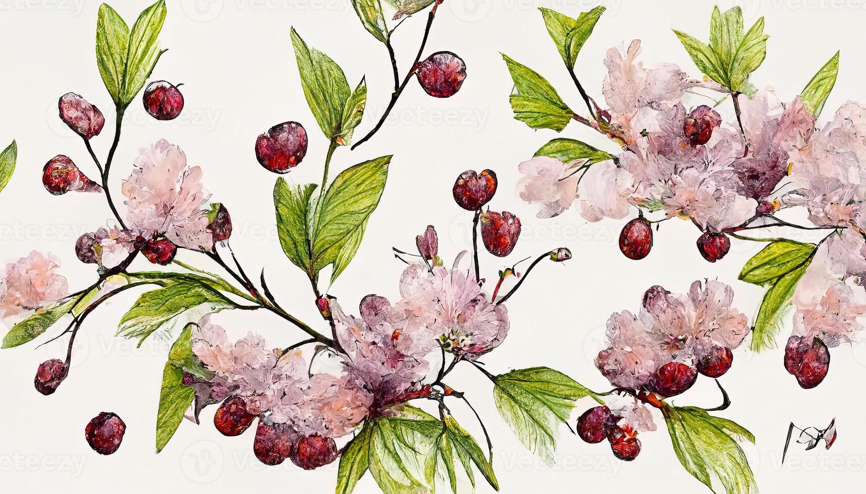 imprints blooming wild cherry, sakura, mix repeat seamless pattern. photo