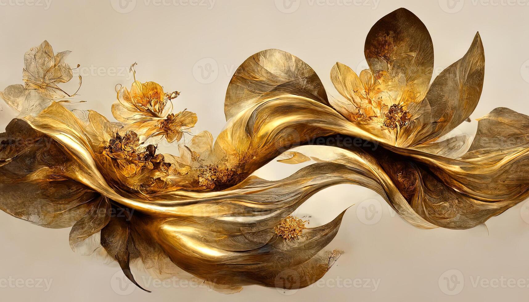 Abstract motion art with surreal golden flowers, inticate flow waves in gold colors. photo