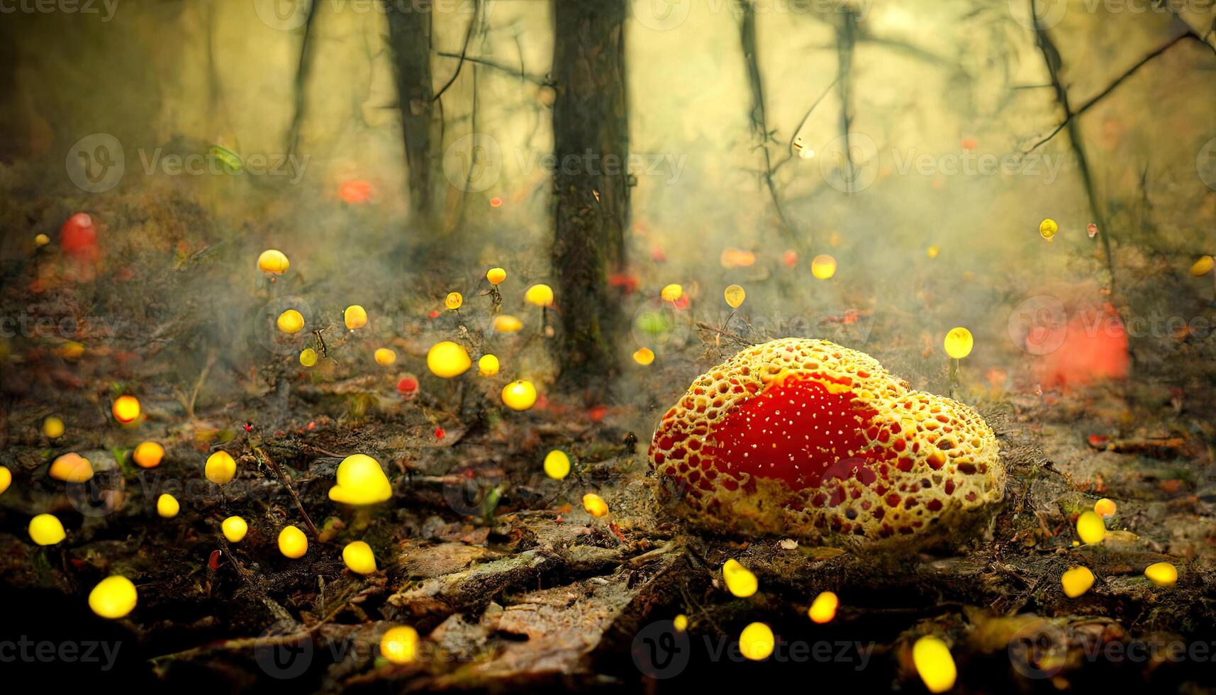 Poisonous red mushrooms with a white stem and white dots on the ground in the forest. photo