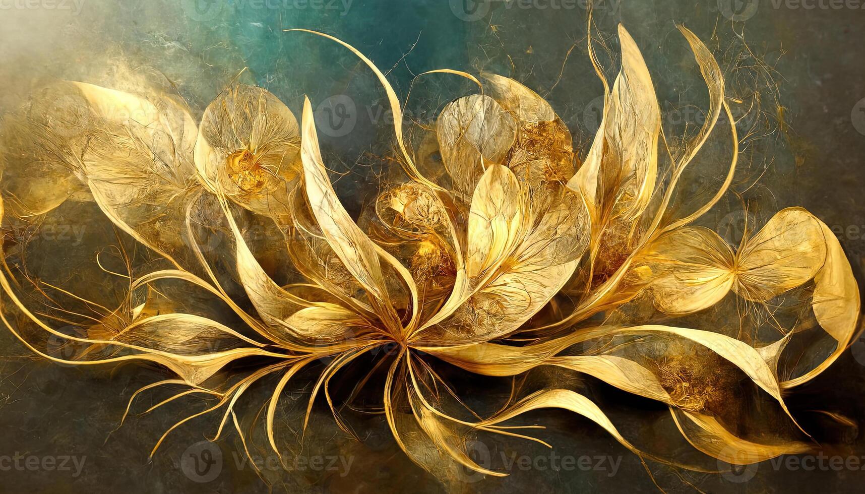 Abstract motion art with surreal golden flowers, inticate flow waves in gold colors. photo