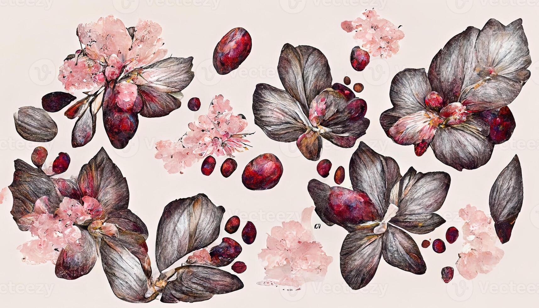 imprints blooming wild cherry, sakura, mix repeat seamless pattern. photo