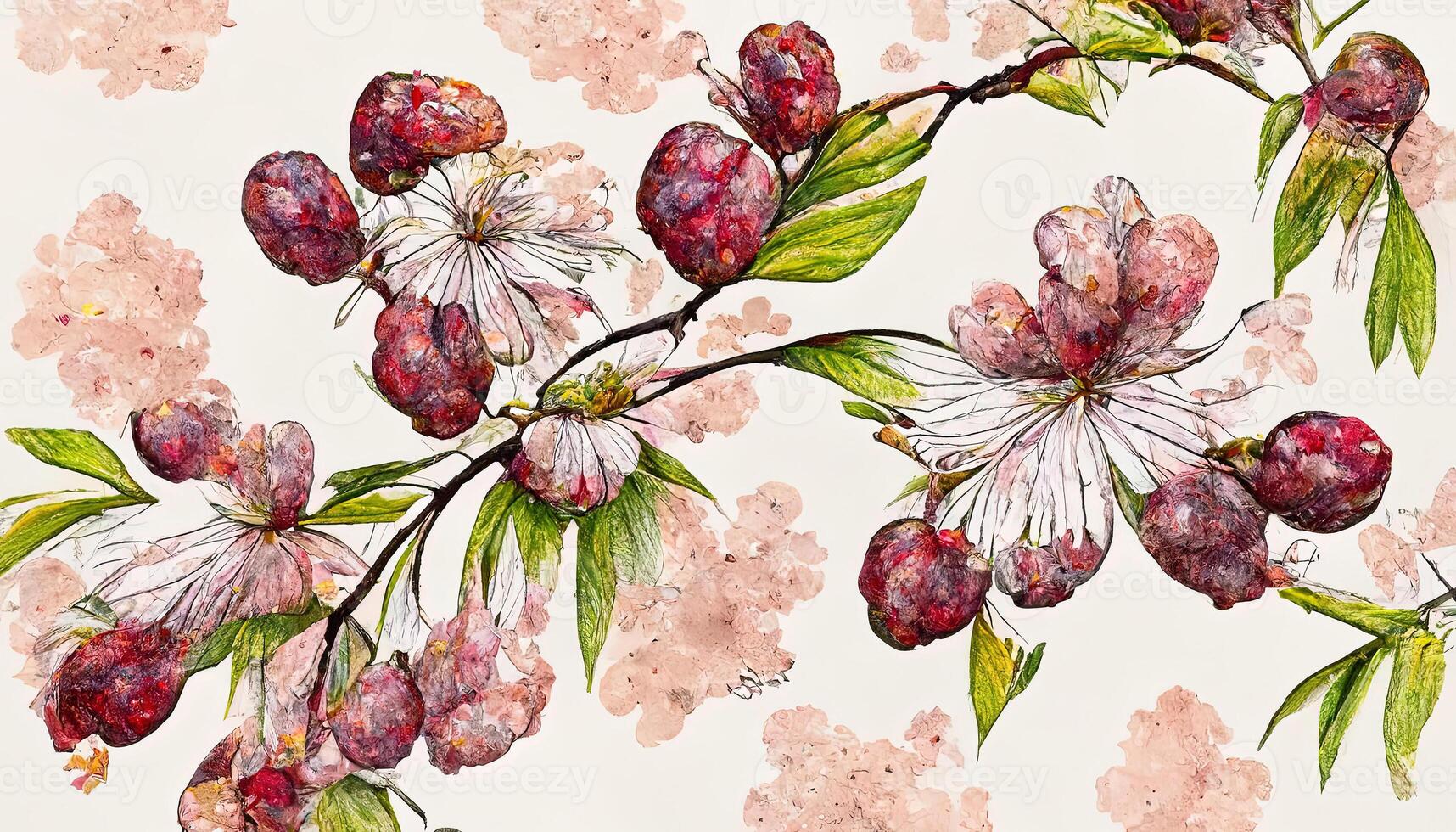 imprints blooming wild cherry, sakura, mix repeat seamless pattern. photo