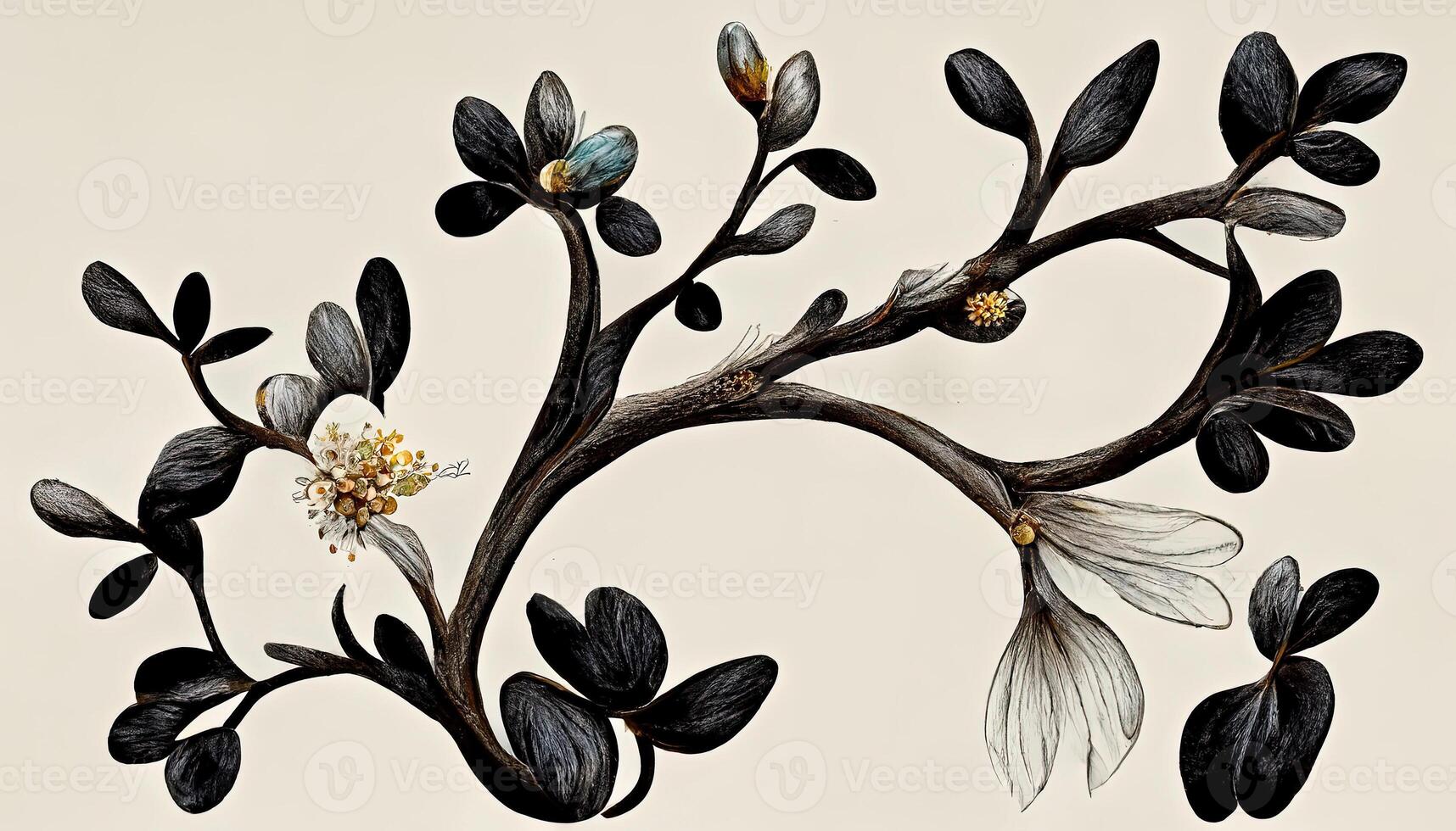 Branch with spring flowers, Realistic fruit tree branch, Detailed hand drawn clip art element. photo