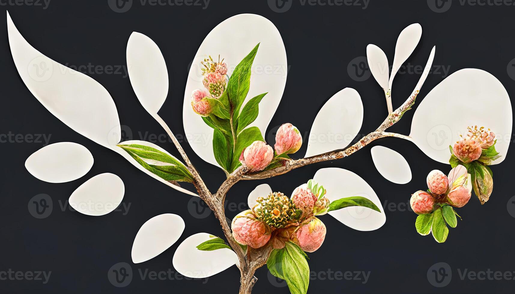 Branch with spring flowers, Realistic fruit tree branch, Detailed hand drawn clip art element. photo