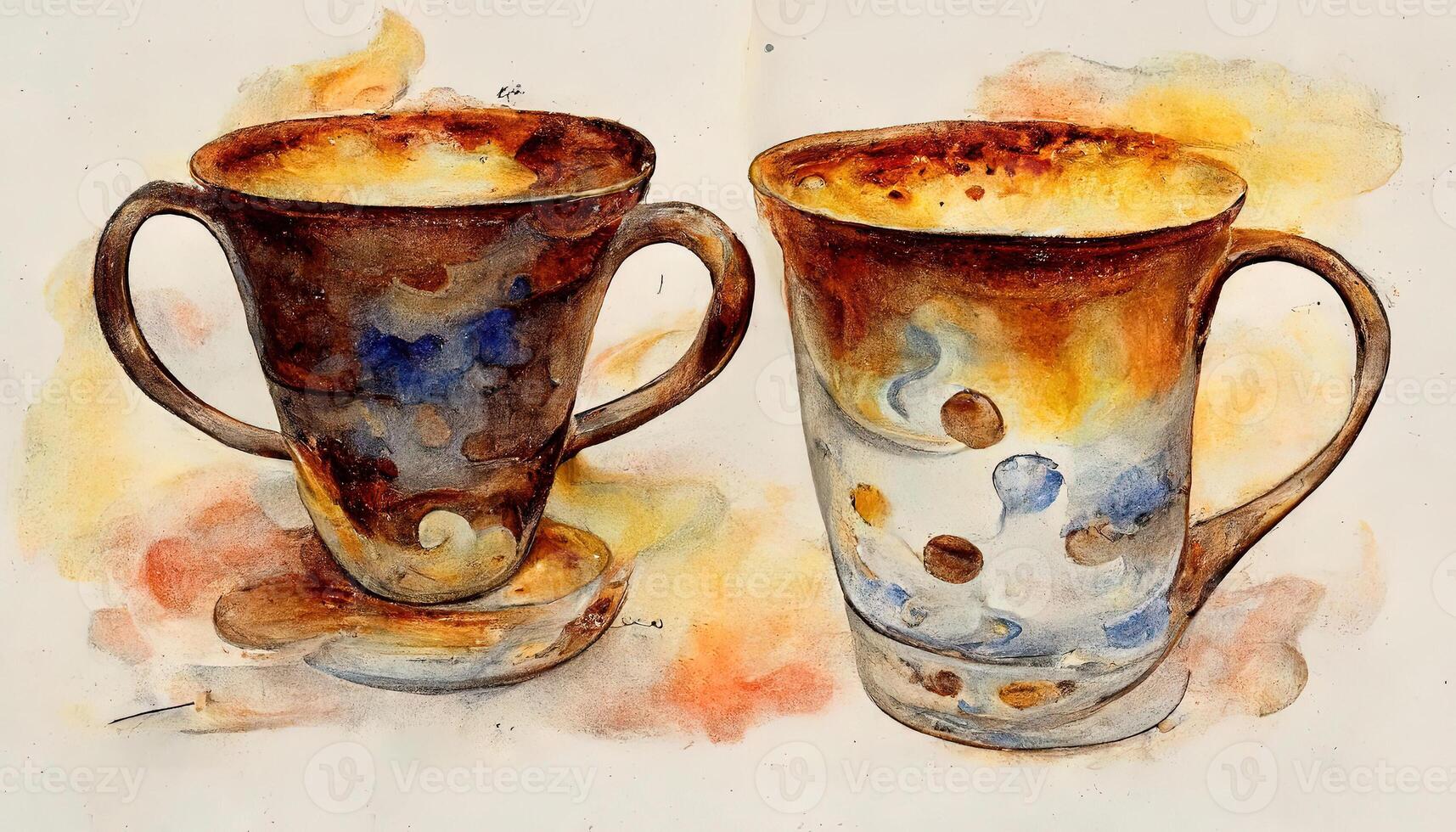 Watercolor drawing ceramic cup of hot coffee with milk or cappuccino. photo