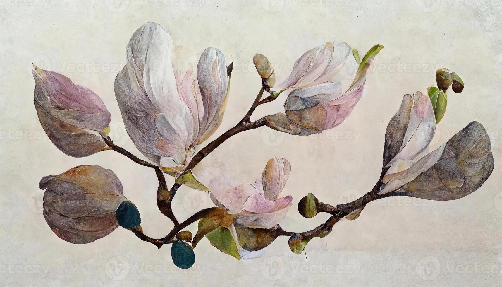 Magnolia branch with blossoming flower buds, modern minimalist art, Style floral collage in pastel color. photo