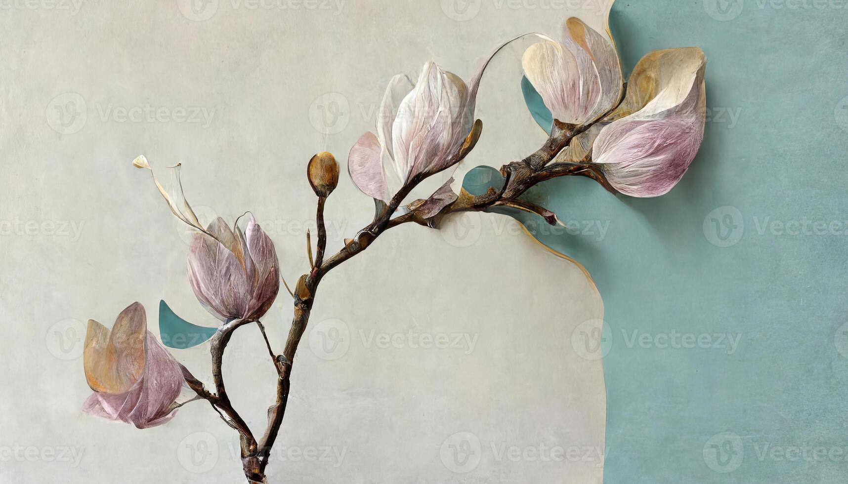 Set of magnolia branches with blooming flowers, modern minimalist art. photo