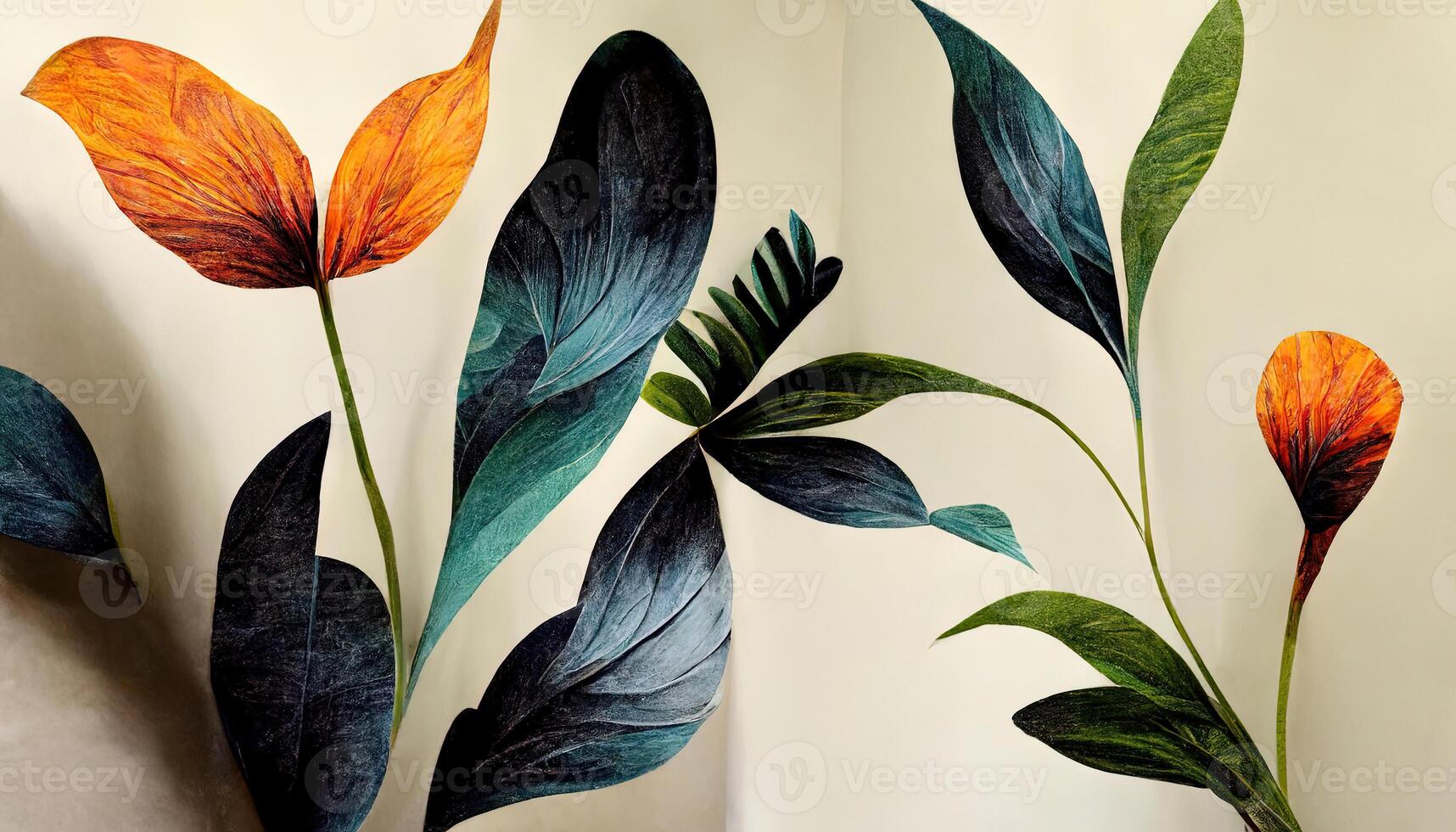 Wallpaper with Plants, leaves, and Flowers with bold elements. photo
