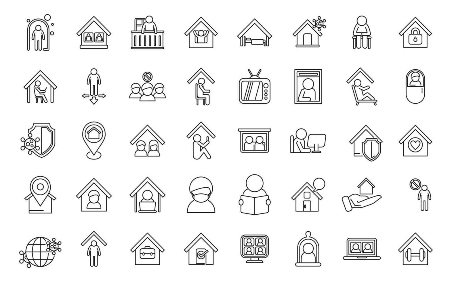 Self isolation icons set outline vector. Home work vector