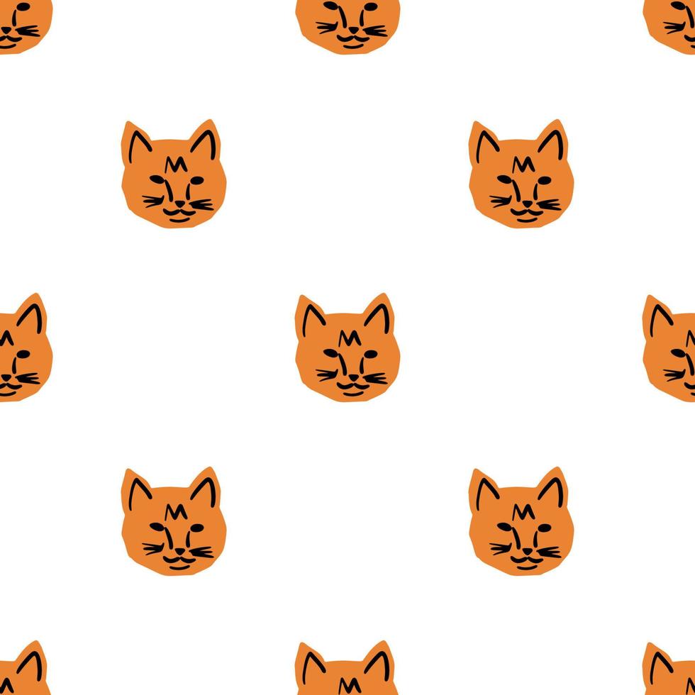 Seamless pattern with cat head illustration in minimalist cutting style on white background vector