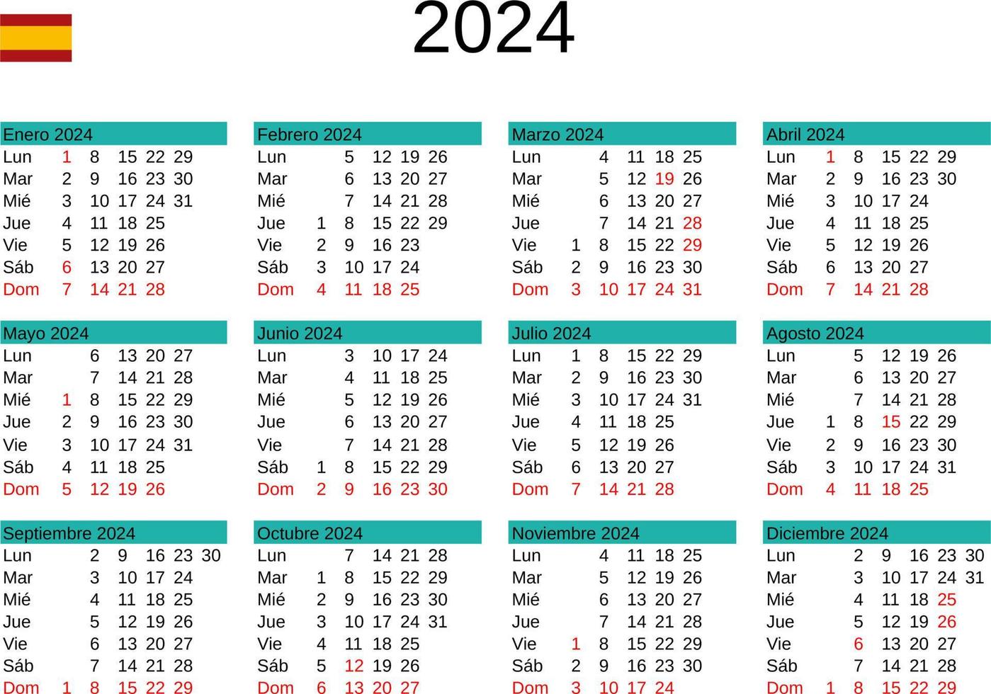 año 2024 calendario en Español con España Días festivos 22873510