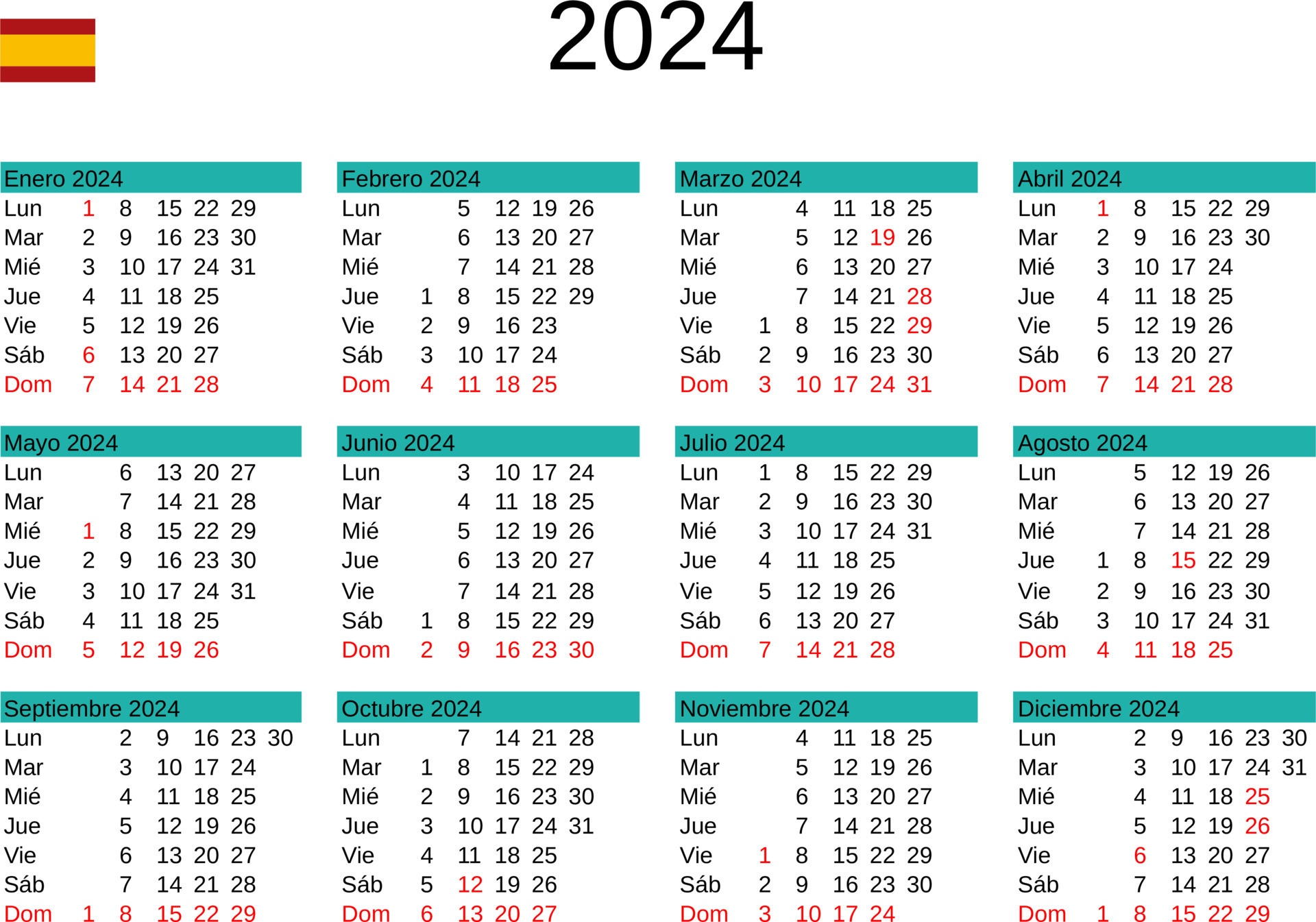 año 2024 calendario en Español con España Días festivos 22873510 Vector