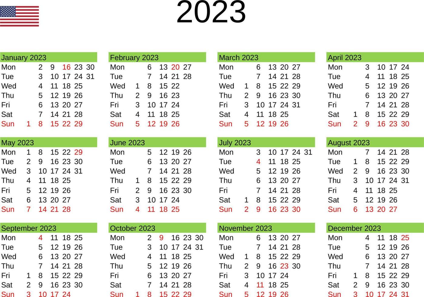 year 2023 calendar in English with United States holidays vector
