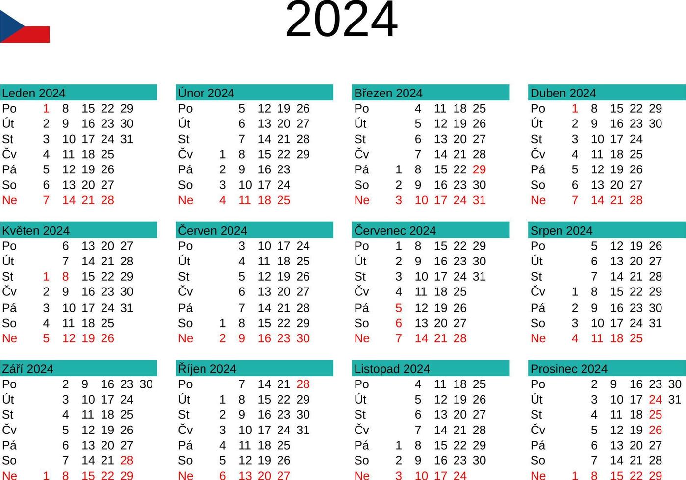year 2024 calendar in Czech with Czech Republic holidays 22873513