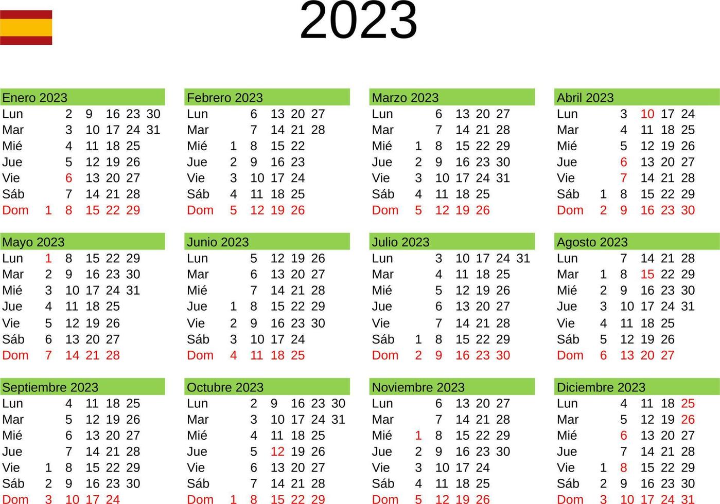 year 2023 calendar in Spanish with Spain holidays vector