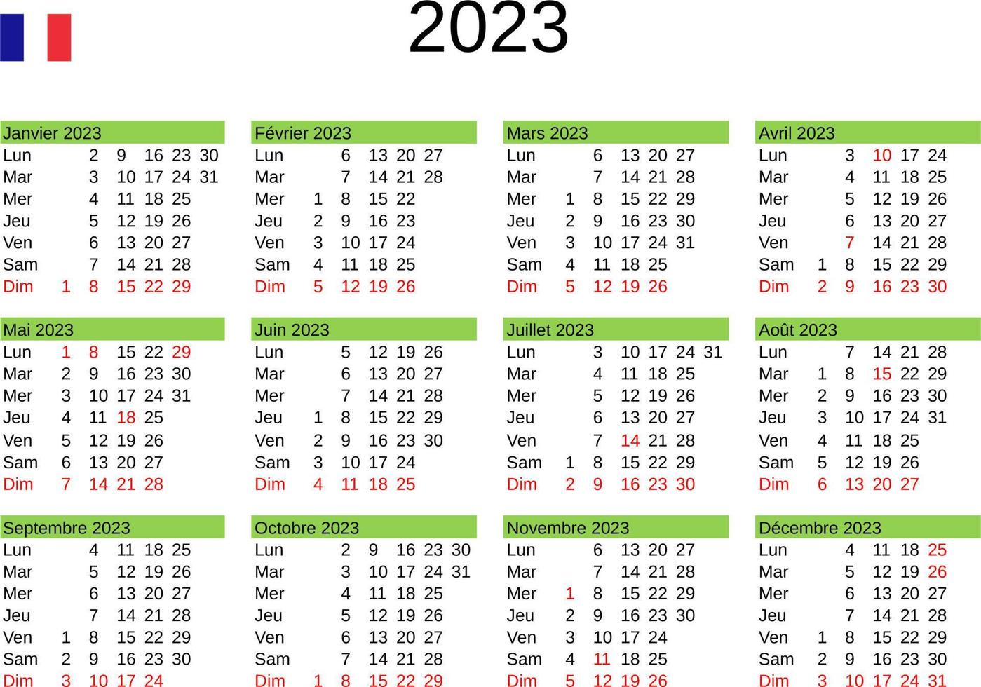 year 2023 calendar in French with France holidays vector