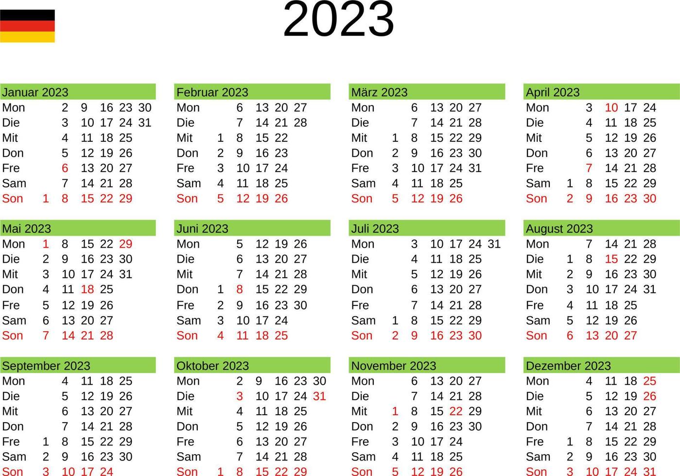 year 2023 calendar in German with Germany holidays vector