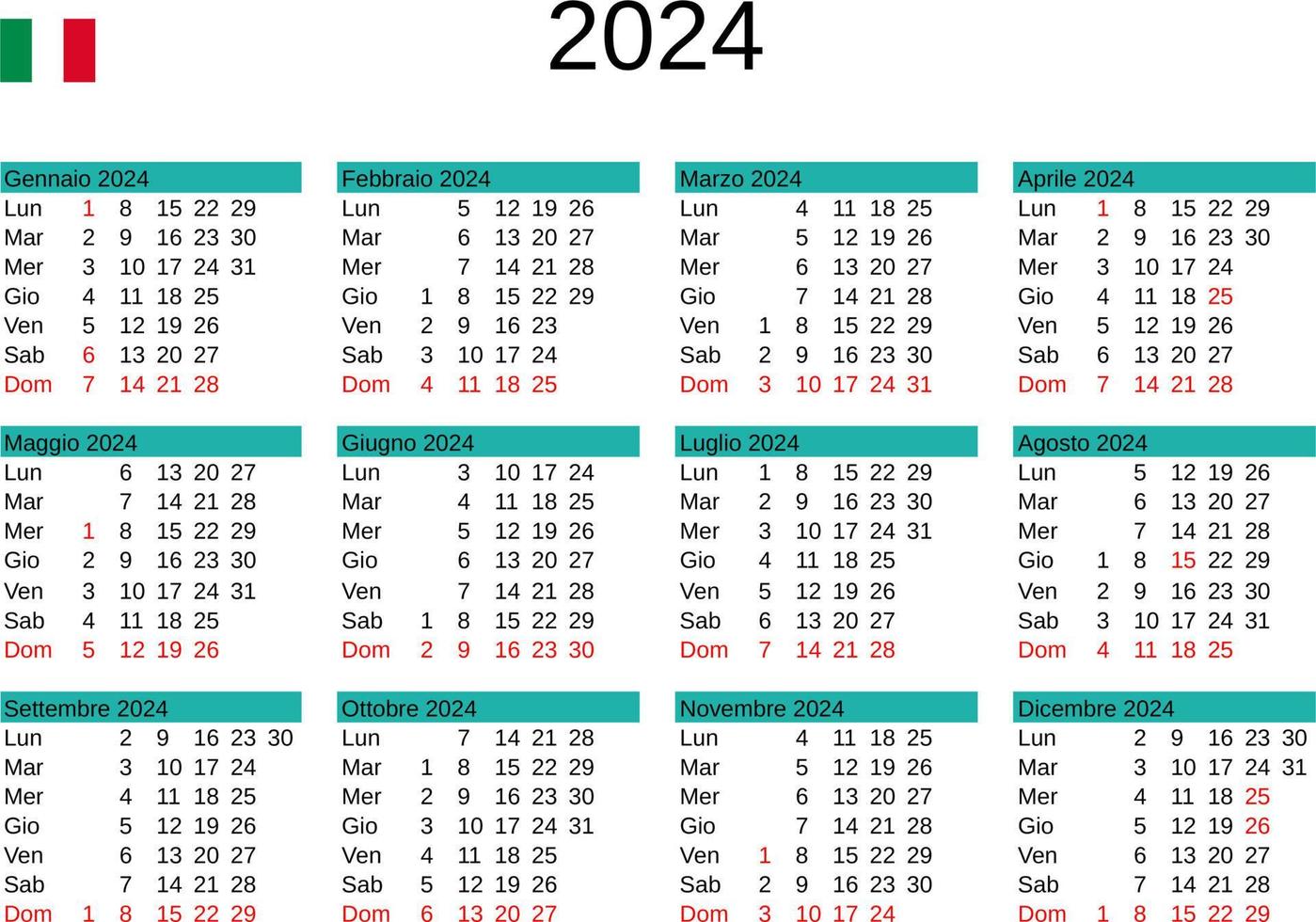 year 2024 calendar in Italian with Italy holidays vector