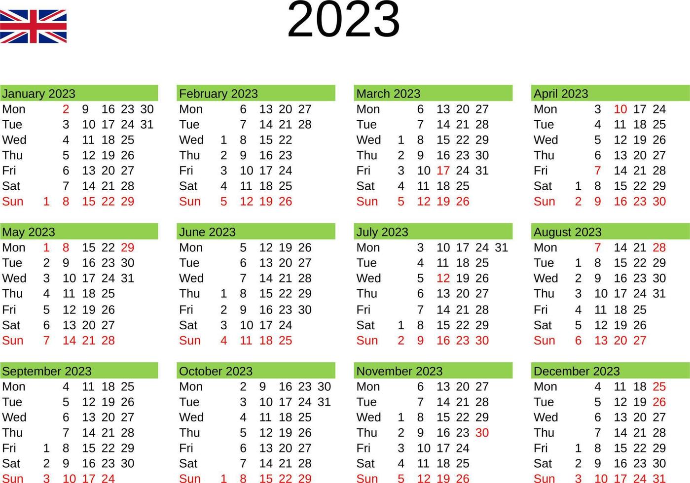 year 2023 calendar in English with United Kingdom holidays vector