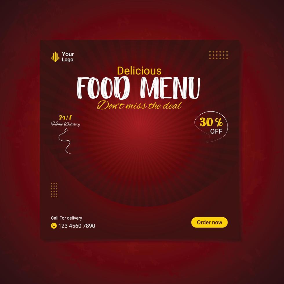 Delicious food menu and restaurant social media banner post vector template