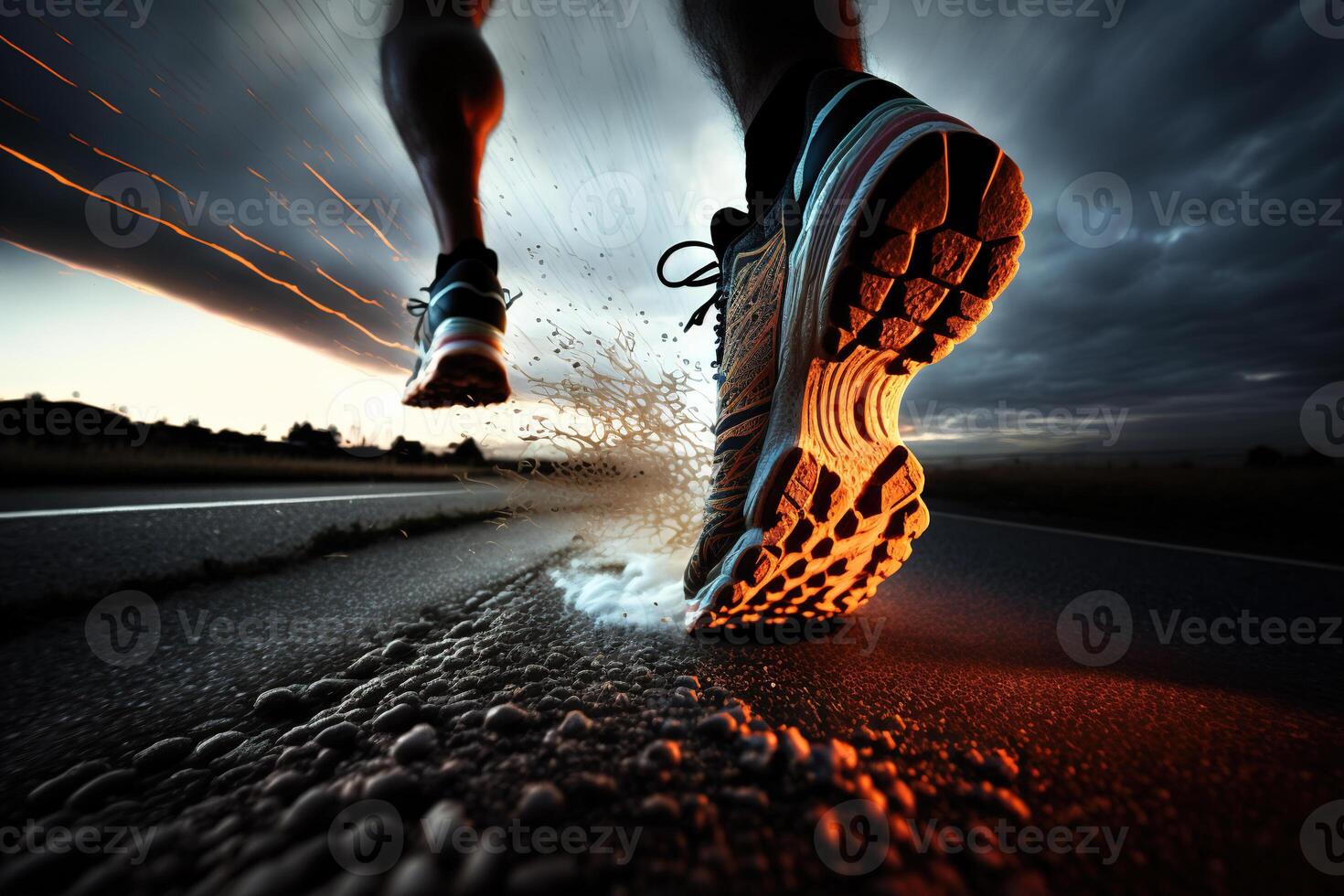 Photo behind legs of athlete running on the road trail in sunset training for marathons and fitness.