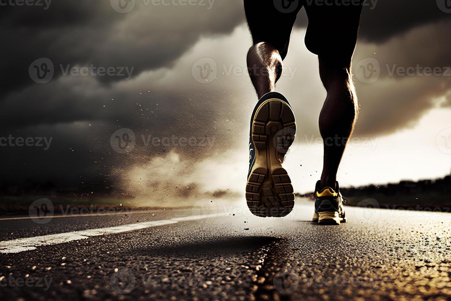 foto detrás piernas de atleta corriendo en el la carretera sendero en puesta de sol formación para maratones y aptitud física. ai generado