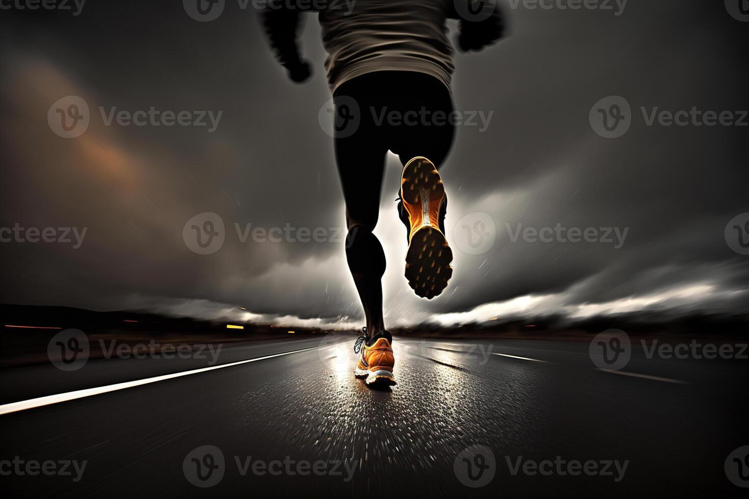 Photo behind legs of athlete running on the road trail in sunset training for marathons and fitness.
