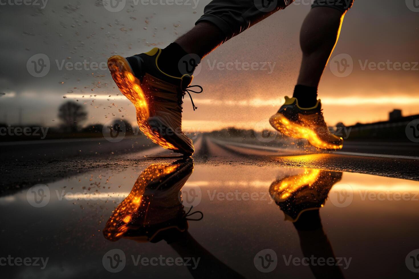 foto detrás piernas de atleta corriendo en el la carretera sendero en puesta de sol formación para maratones y aptitud física. ai generado