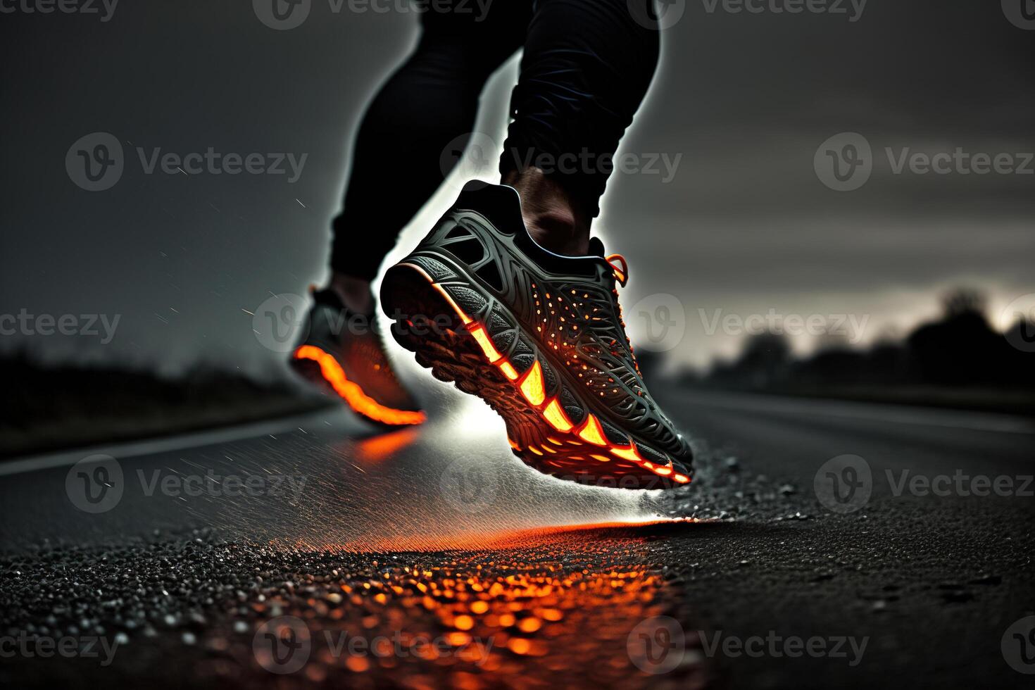 foto detrás piernas de atleta corriendo en el la carretera sendero en puesta de sol formación para maratones y aptitud física. ai generado