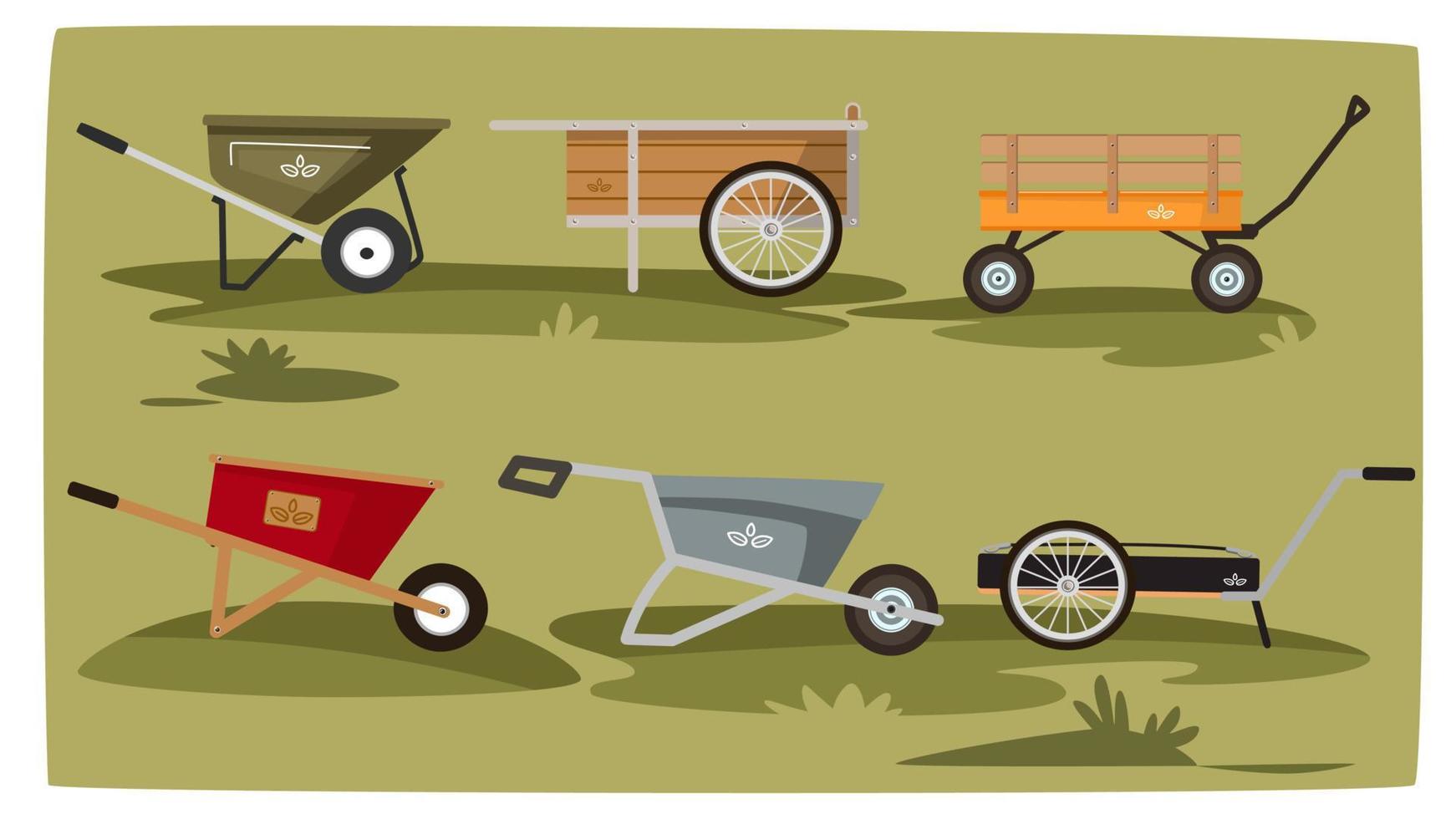 vector ilustración de jardín camioneta en verde césped antecedentes. granja carro colocar. vector ilustración conjunto icono equipo de jardín vagón.