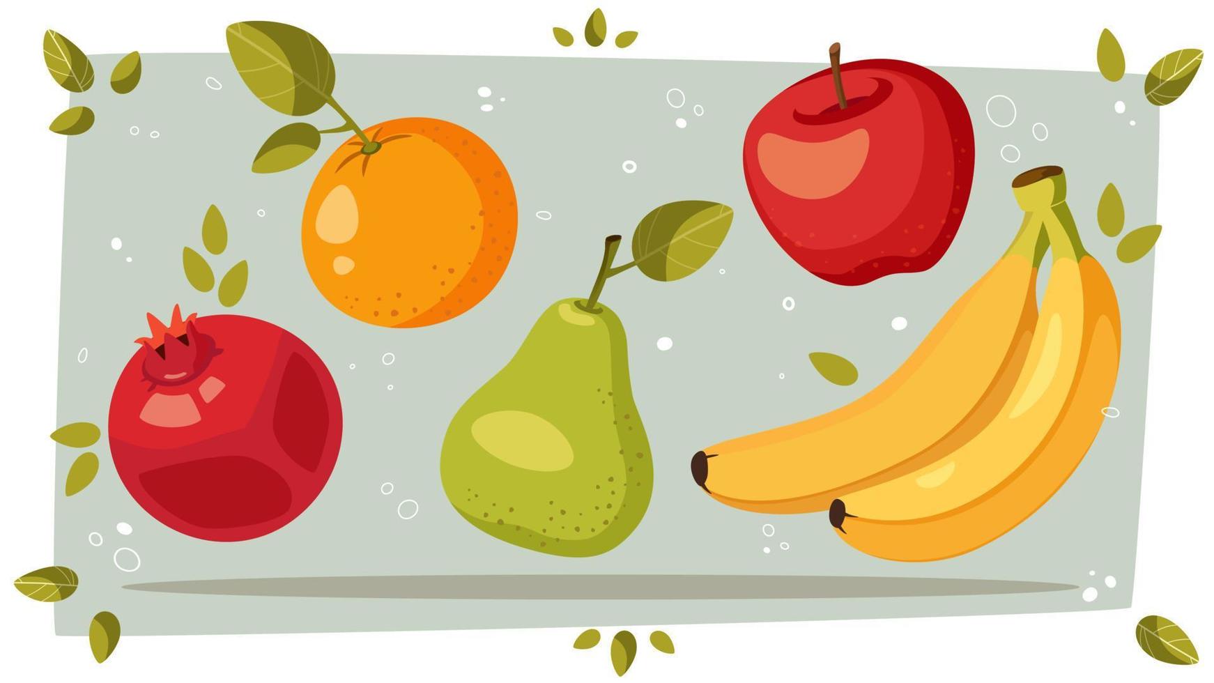 Set of vector fruits in cartoon style. Apple, pear, banana, pomegranate, orange. Fresh summer harvest. Ingredients for fruit dishes.