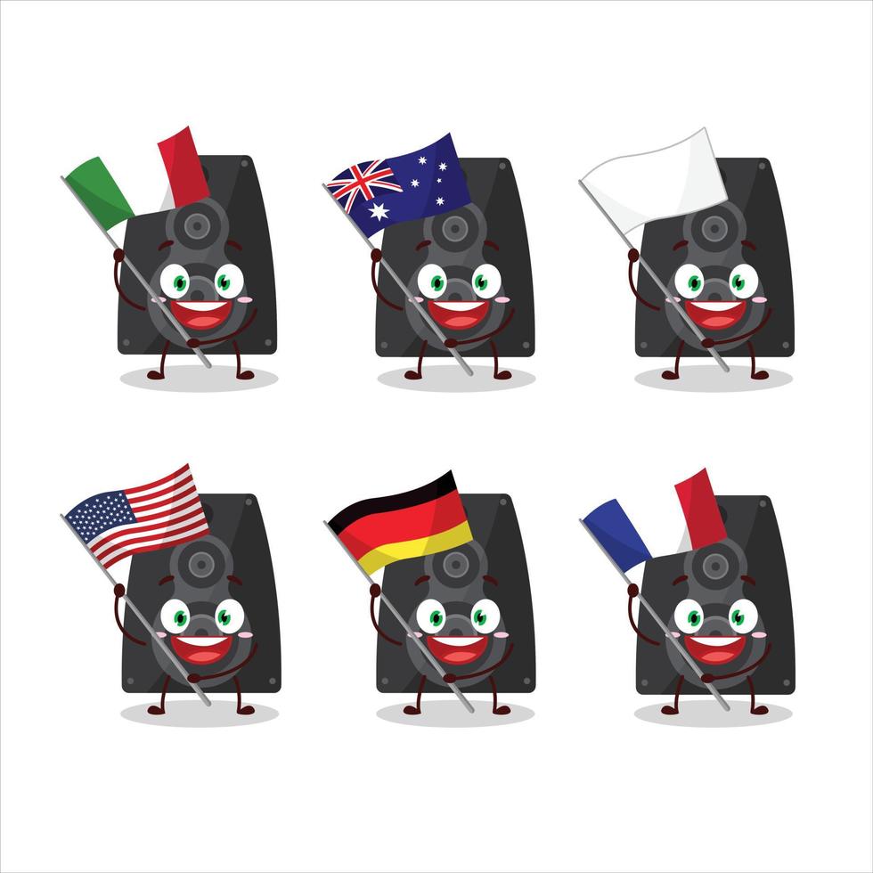 estéreo altavoz dibujos animados personaje traer el banderas de varios países vector