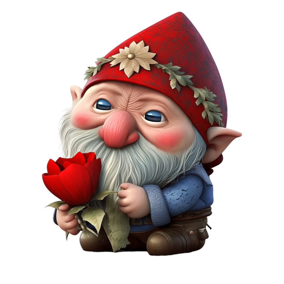 3d Cute Valentines Day Gnome With Love Rose Flowers png