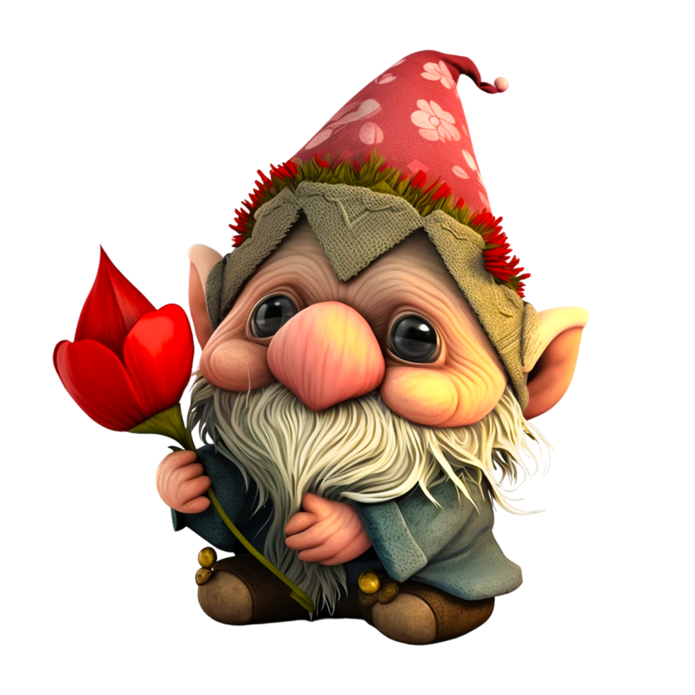 3d Cute Valentines Day Gnome With Love Rose Flowers png