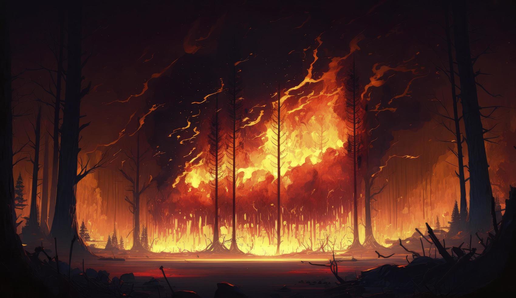 Wildfire, forest burning, 4k digital painting. Illustration of trees that burn. Wild flames raging trough the environment. Background, wallpaper. Red flames, Generate Ai photo