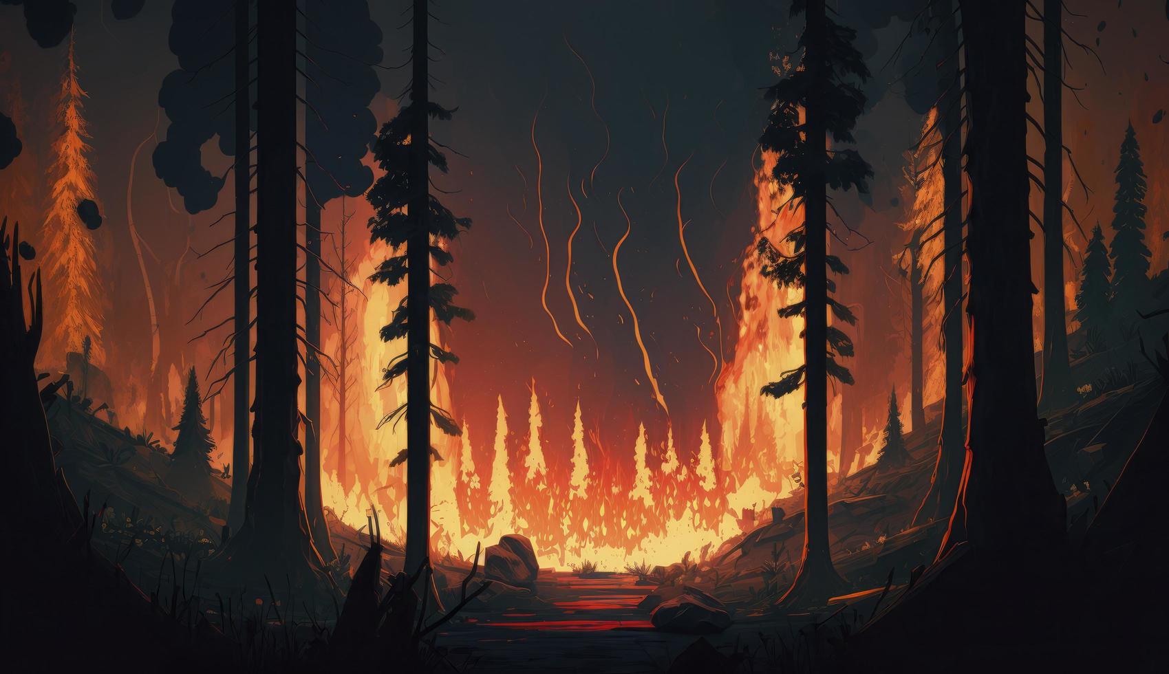 Wildfire, forest burning, 4k digital painting. Illustration of trees that burn. Wild flames raging trough the environment. Background, wallpaper. Red flames, Generate Ai photo