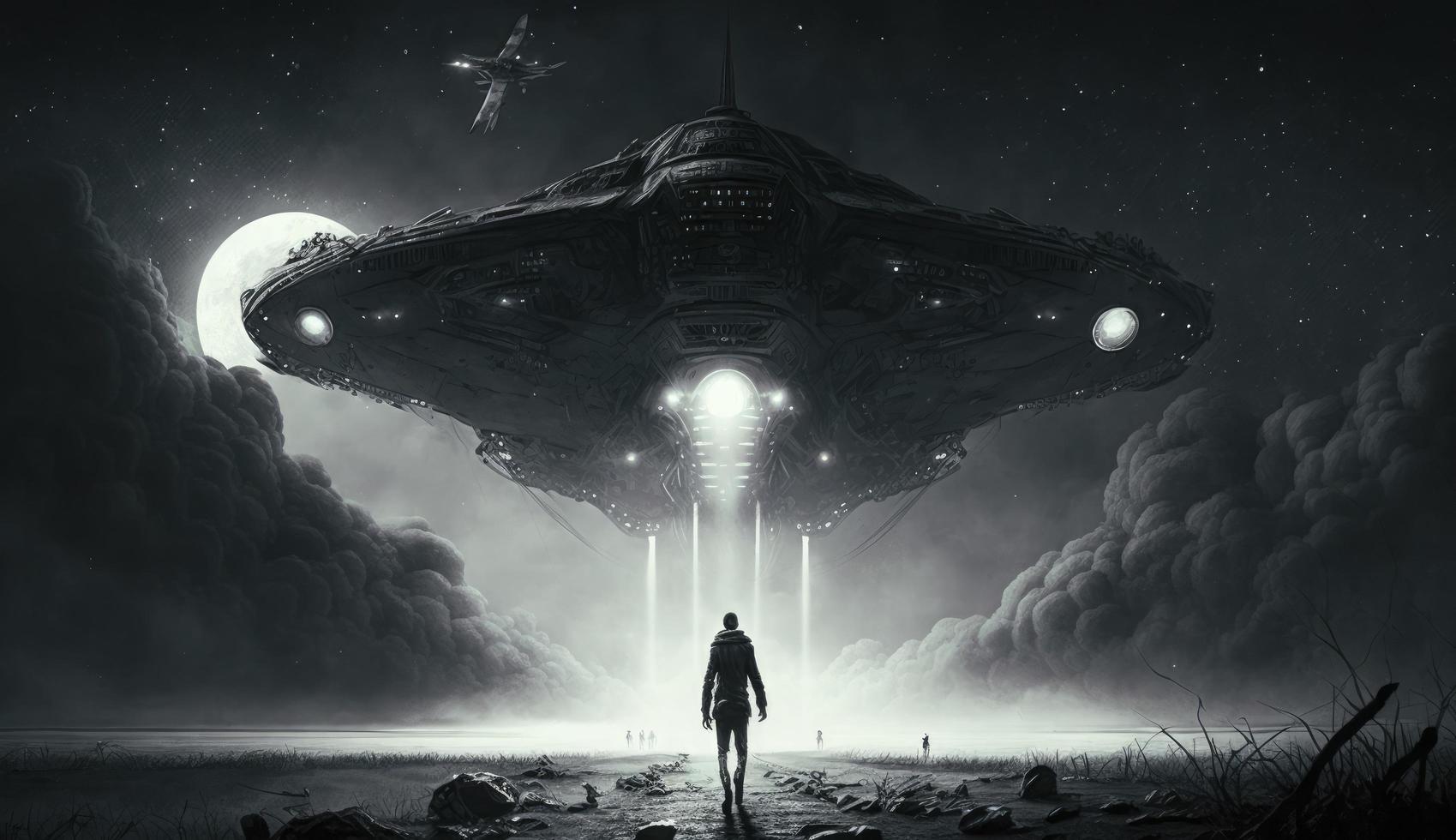 illustration painting of Sci-fi scene showing the spaceship abducting human at the night, digital art style, Generate Ai photo
