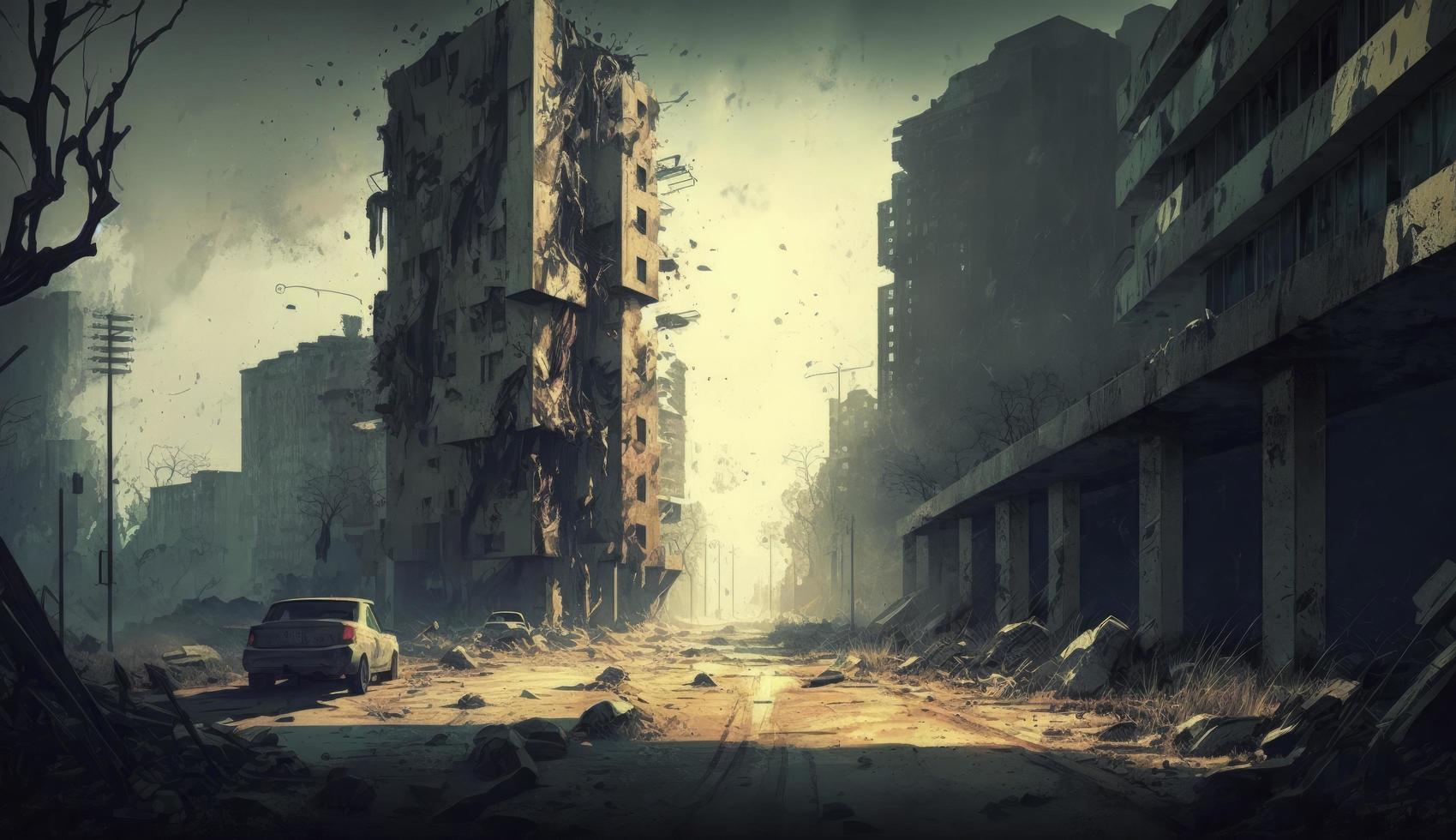 illustration painting of destroyed Abandoned City, Digital Illustration, Ruins Creepy Grunge Drawing Scary Horror Zombie Apocalypse, Buildings, Roads, Generate Ai photo