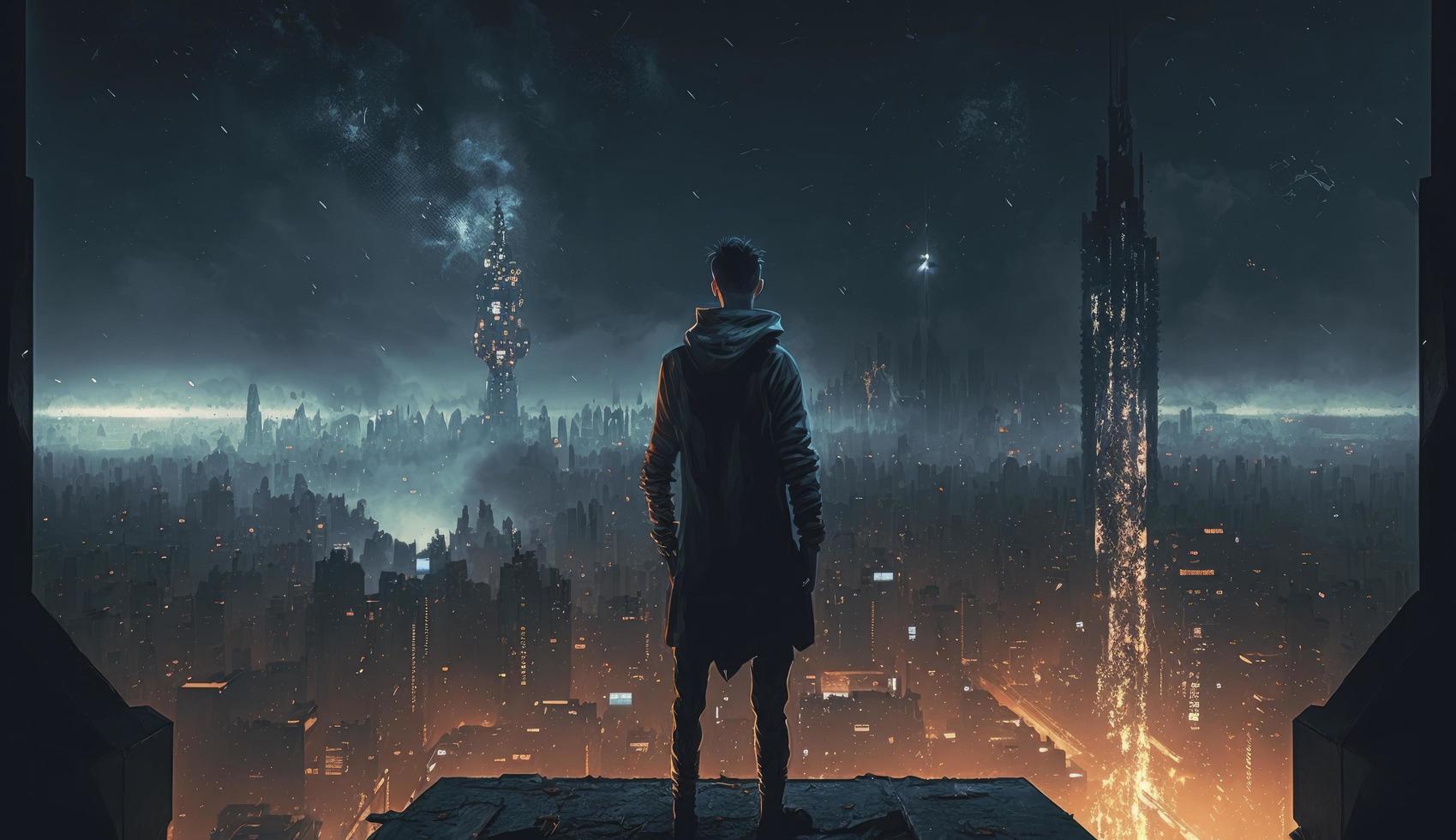 a man standing on the rooftop of a crumbling skyscraper, looking out at the city lights, Generate Ai photo