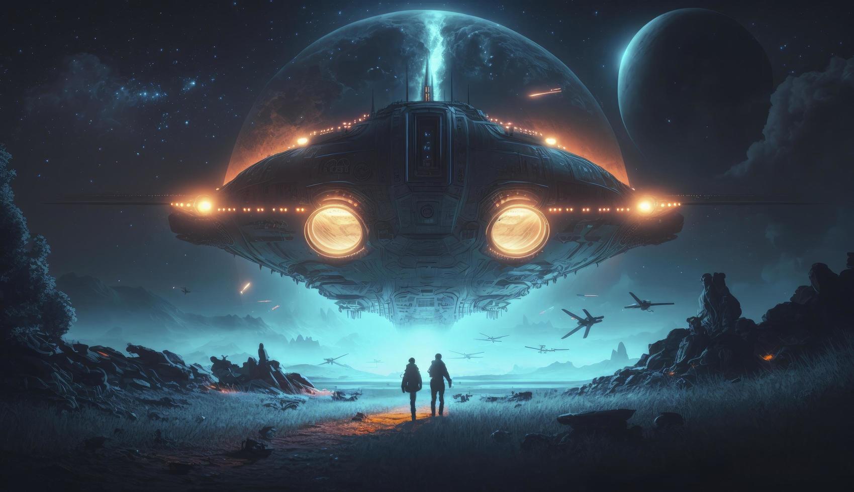 illustration painting of Sci-fi scene showing the spaceship abducting human at the night, digital art style, Generate Ai photo