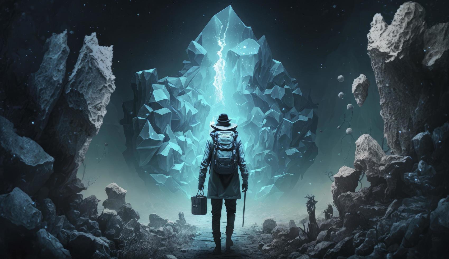 illustration painting of the explorer came to a spooky environment with diamonds, 3D illustration, Generate Ai photo