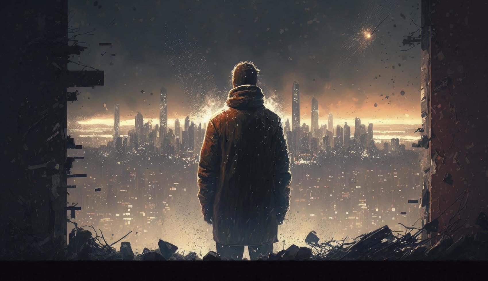 a man standing on the rooftop of a crumbling skyscraper, looking out at the city lights, Generate Ai photo
