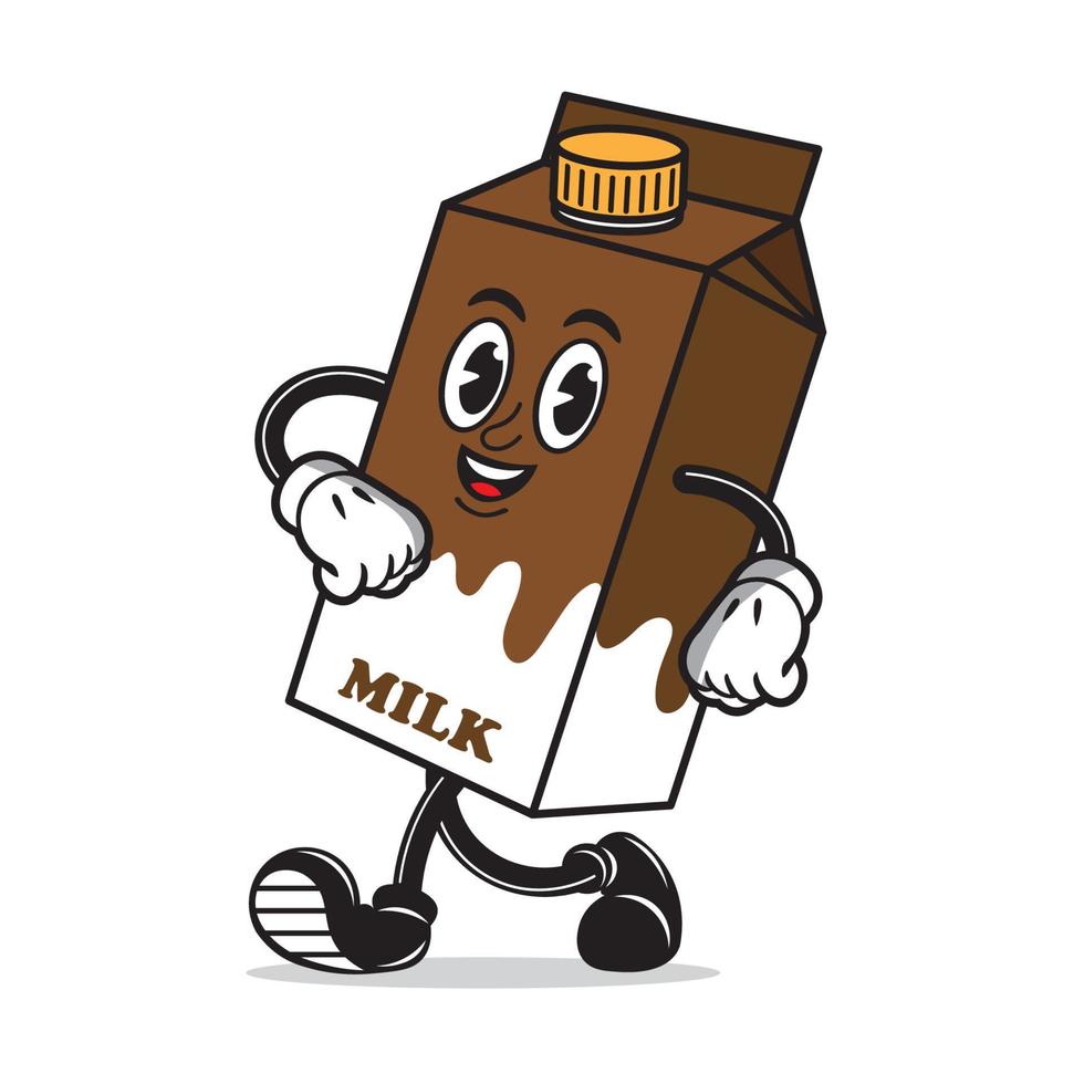 Walking Box Milk in retro cartoon style, perfect for t shirt design and milk cafe logo vector