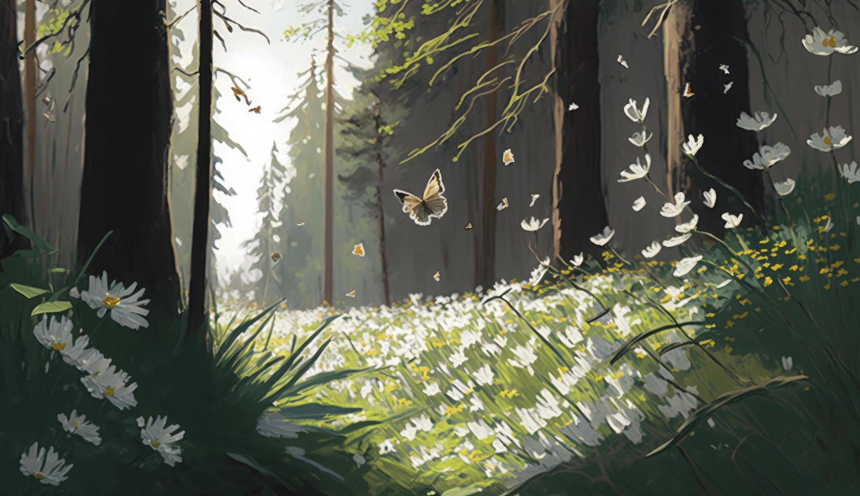 Forest glade with lots of white spring flowers and butterflies on a sunny day, Generate Ai photo