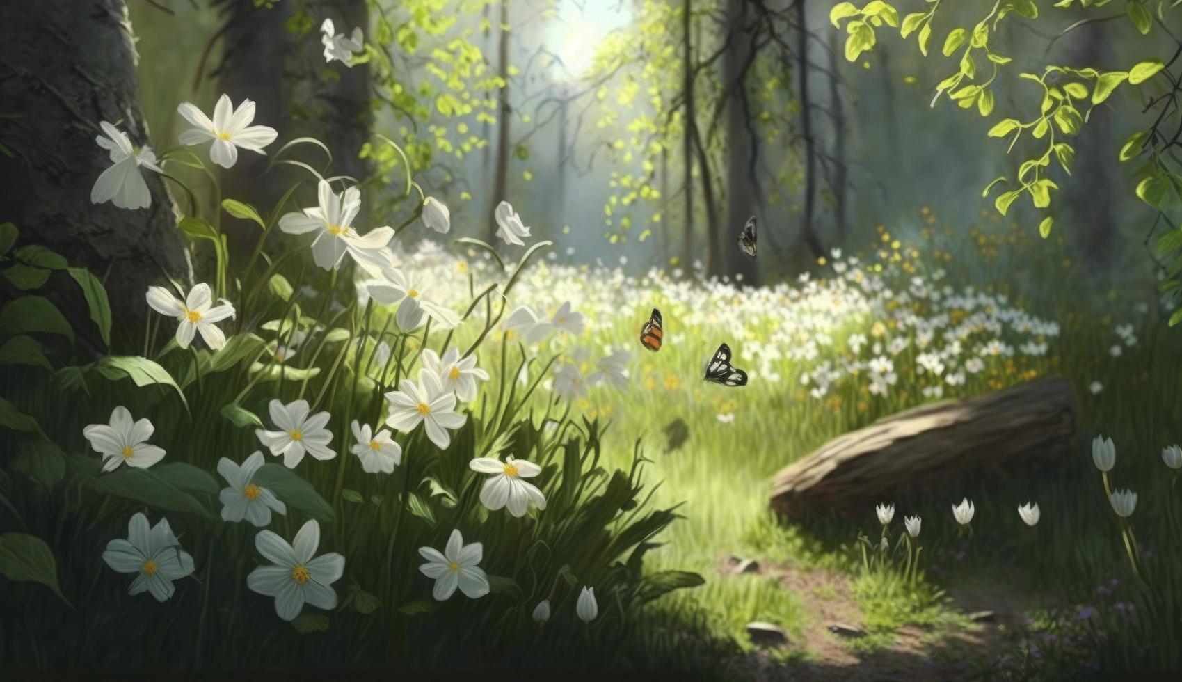 Forest glade with lots of white spring flowers and butterflies on a sunny day, Generate Ai photo