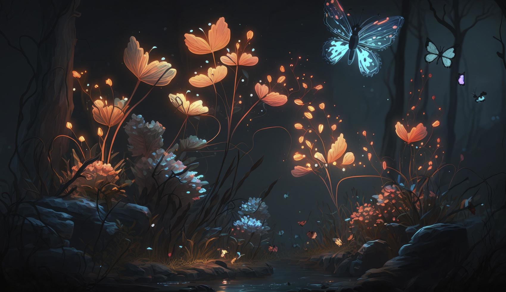 hada bosque a noche, fantasía brillante flores, mariposa y luces, generar ai foto